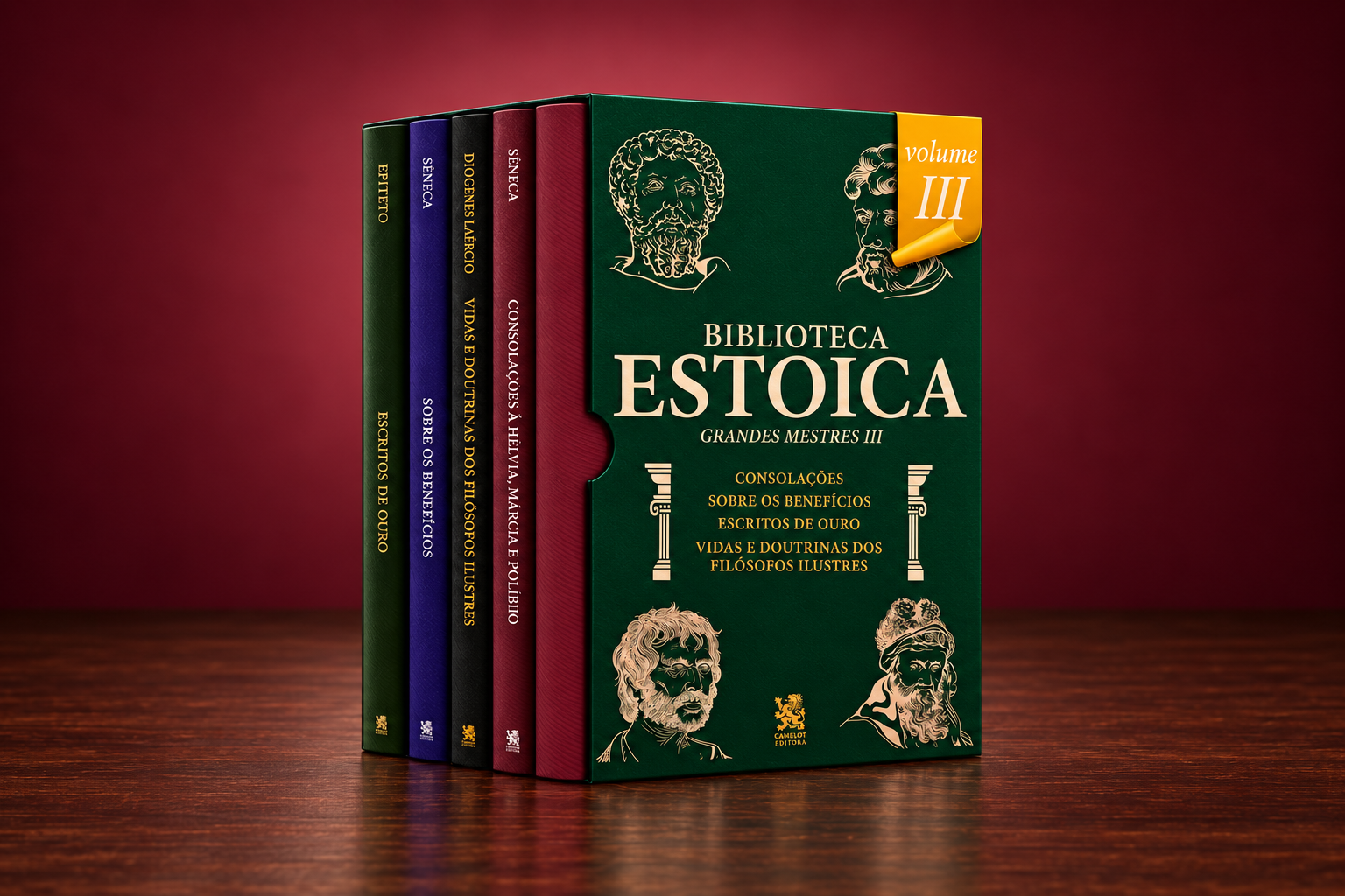 Biblioteca Estoica Grandes Mestres Volume III com box e quatro livros sobre fundo bordô