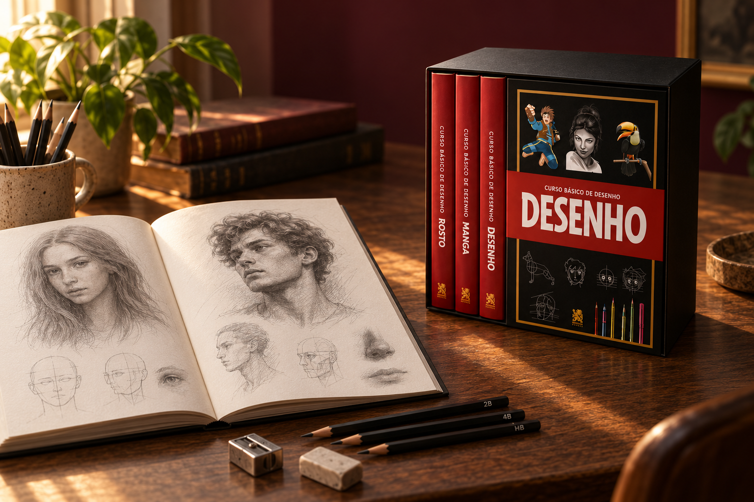Box Curso Básico de Desenho ao lado de um caderno de esboços sobre uma mesa de artista