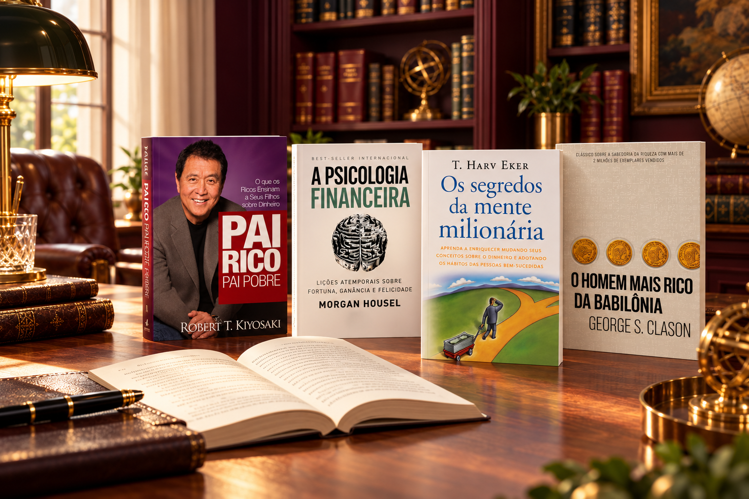 Quatro livros de educação financeira em uma biblioteca premium